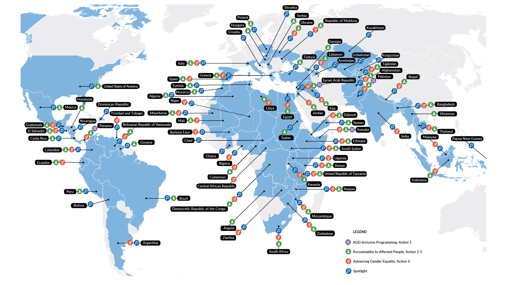 Map of the world showing  examples of implementing UNHCR AGD policy across UNHCR operations, Bureaux, Divisions and Entities