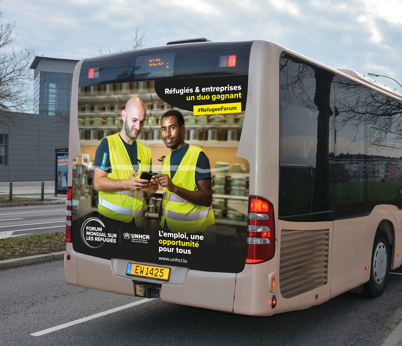 Een grafische voorstelling van de posters op de Luxemburgse bussen.