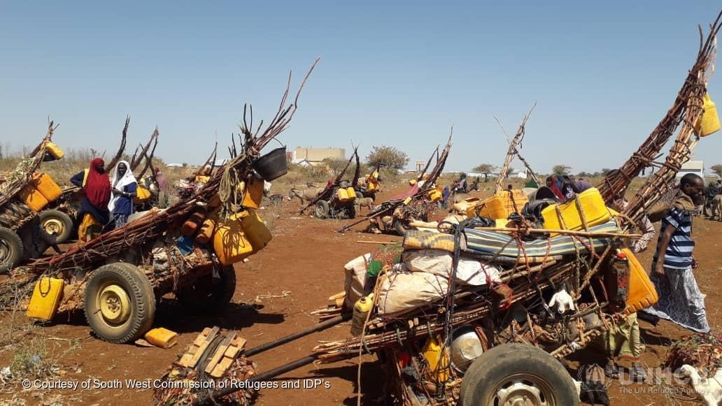 Families afkomstig uit de stad Baidoa, in het zuiden van Somalië, op zoek naar humanitaire steun. Zij zijn hun thuis noodgedwongen ontvlucht vanwege de extreme droogte waar een groot deel van het land onder lijdt. © Met dank aan de Zuid West Commissie voor Vluchtelingen en Intern Ontheemden