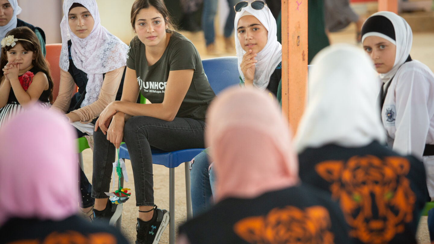 Jordan. UNHCR Goodwill Ambassador Yusra Mardini meets TIGER girls during a visit to a UNHCR supported Community Centre in District 6 in Zaatari refugee camp in Jordan.  Zaatari is home to over 76,000 Syrian refugees and is under the joint administration of