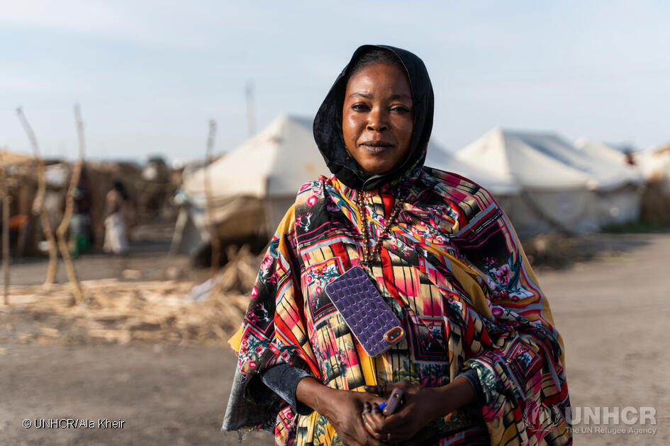 Habiba Shoaib, een vertegenwoordiger van haar gemeenschap en intern ontheemde persoon uit de staat Blauwe Nijl in Soedan.