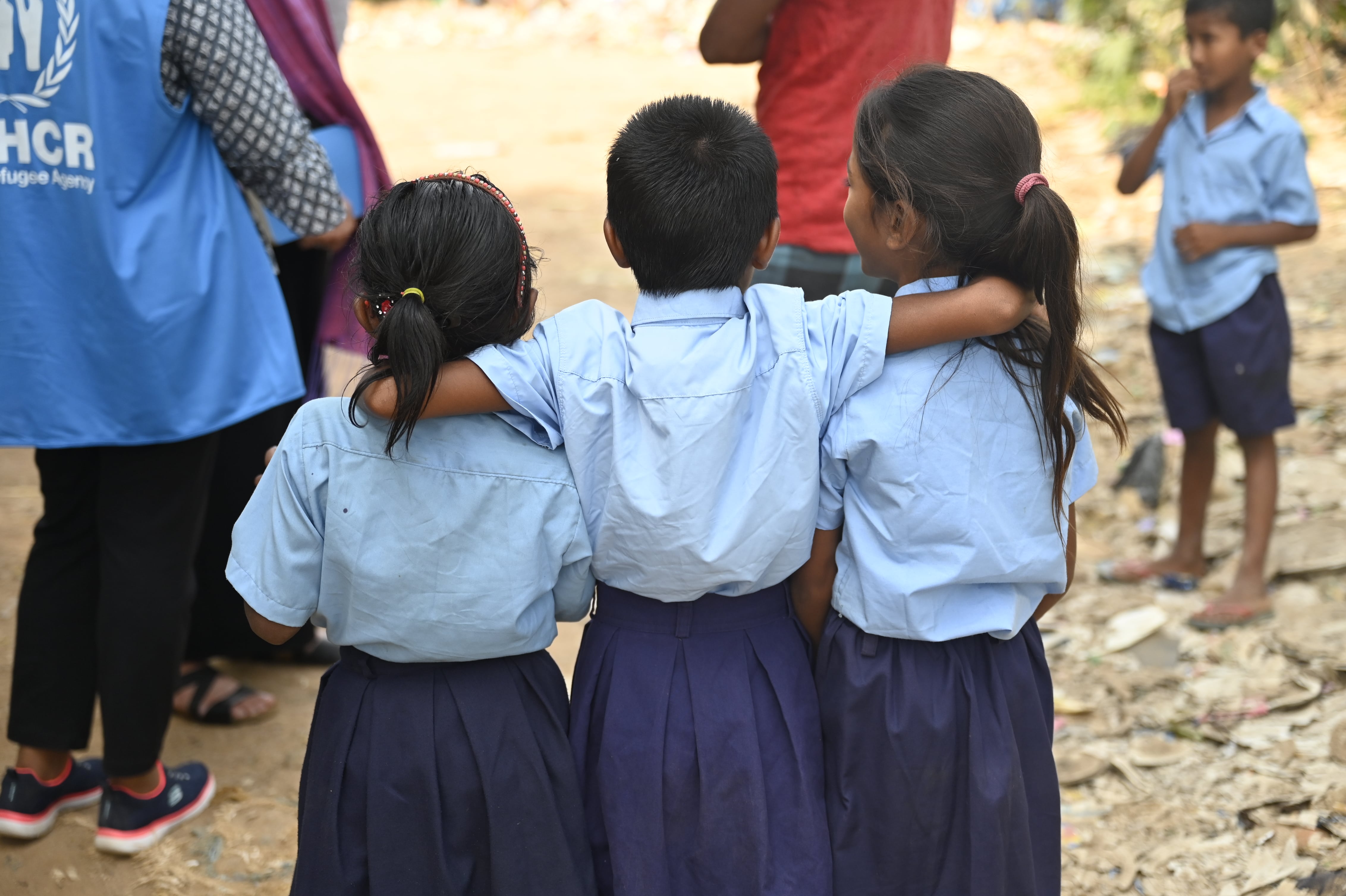 Refugee children in government school uniforms at a settlement in Bangalore, India