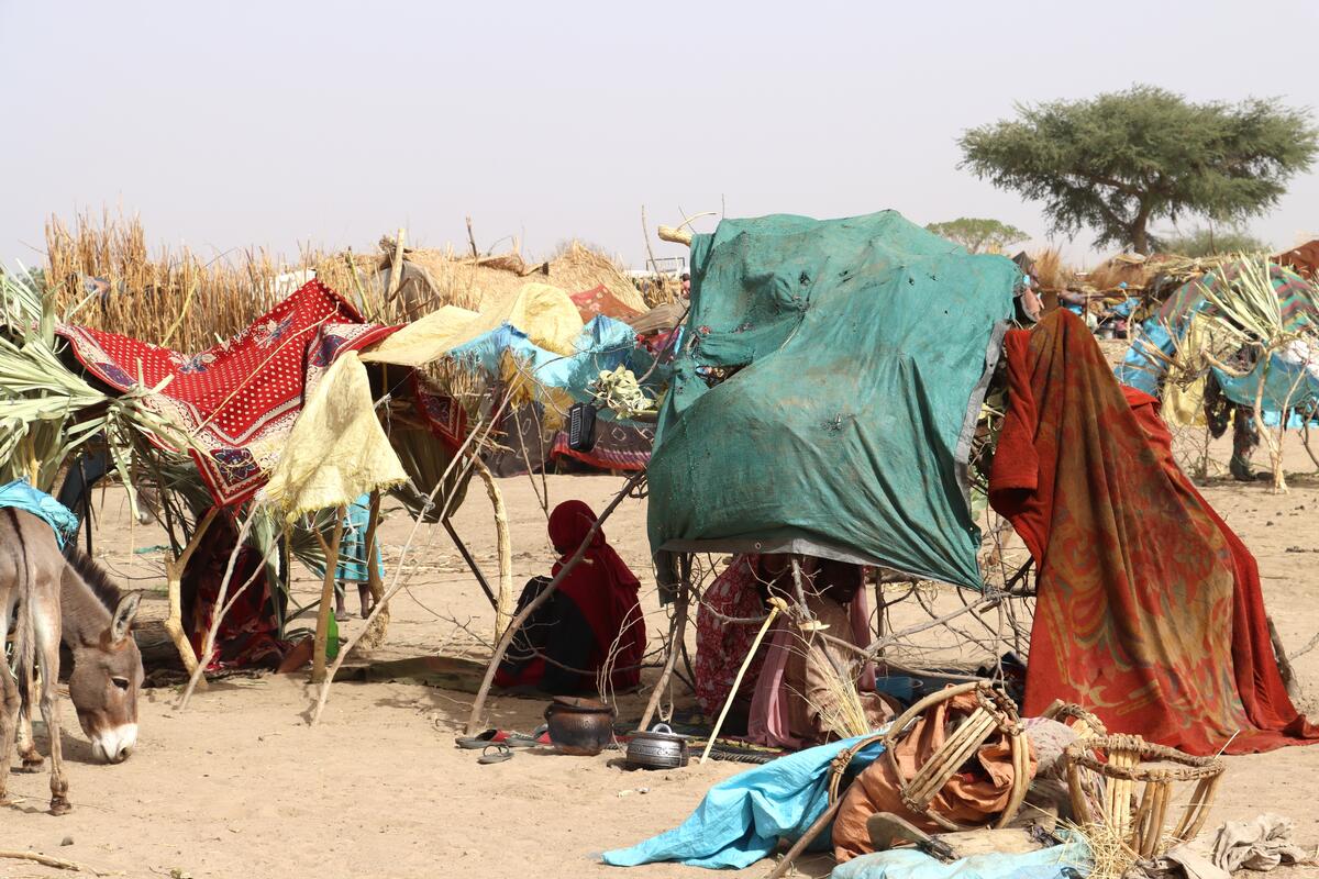 Sudanese refugees sit in the shade under makeshift shelters in the Chadian desert