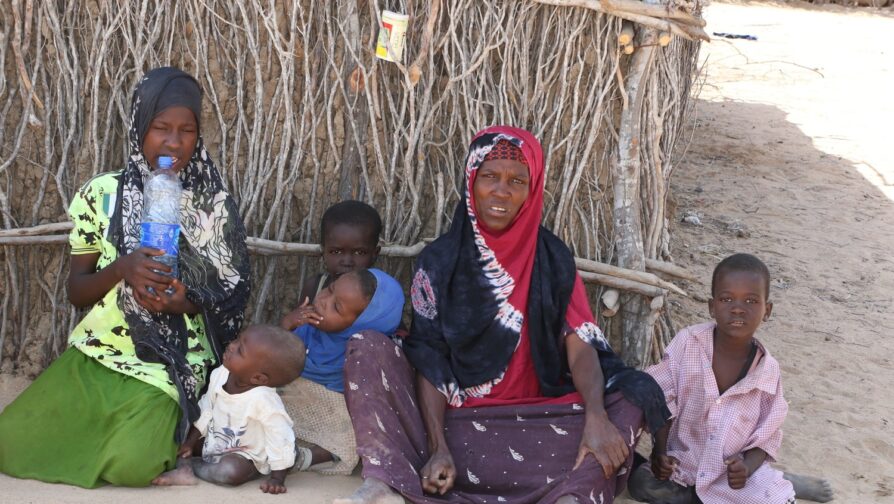 A woman sits on the ground in front of a shelter surrounded by five children.