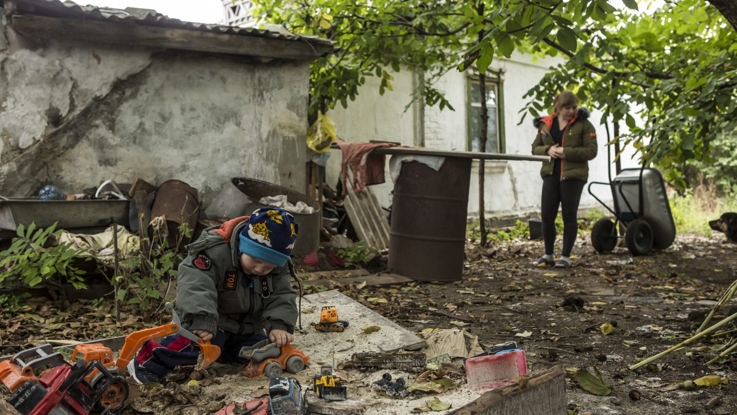 Ukraine. Family relocated away from conflict zone by UNHCR