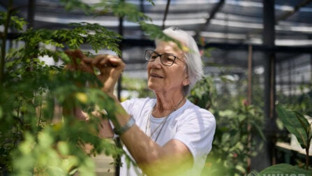 Zuster Rosita Milesi, laureaat van de UNHCR Nansen Refugee Award 2024, in een serre in Boa Vista, Brazilië, waar vluchtelingen en migranten duurzame landbouw beoefenen.