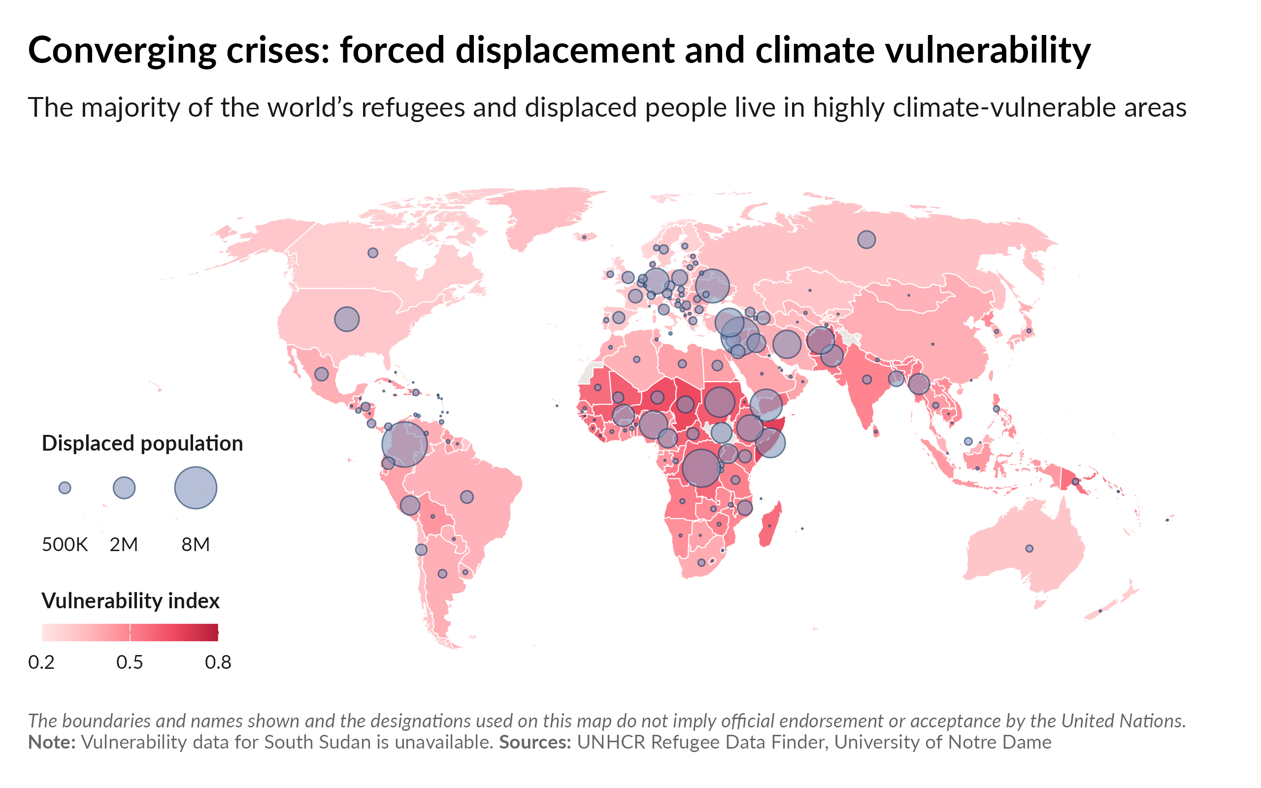 A map of the world showing areas of climate vulnerability and displaced population density