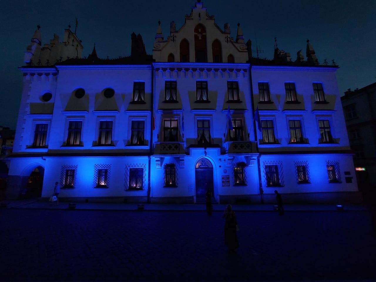Town hall in Rzeszów, Poland in blue