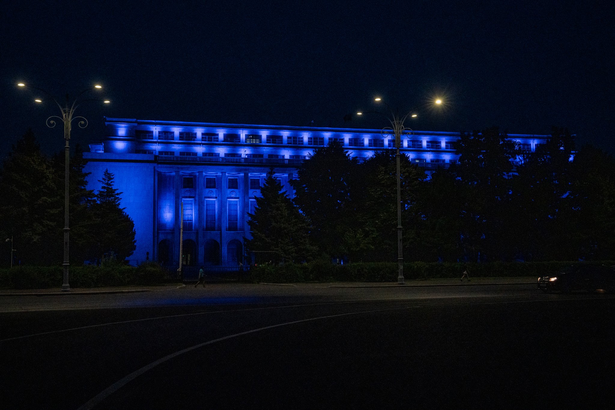 Blue Night in Romania. Building of the Romanian Government in Bucharest in Blue