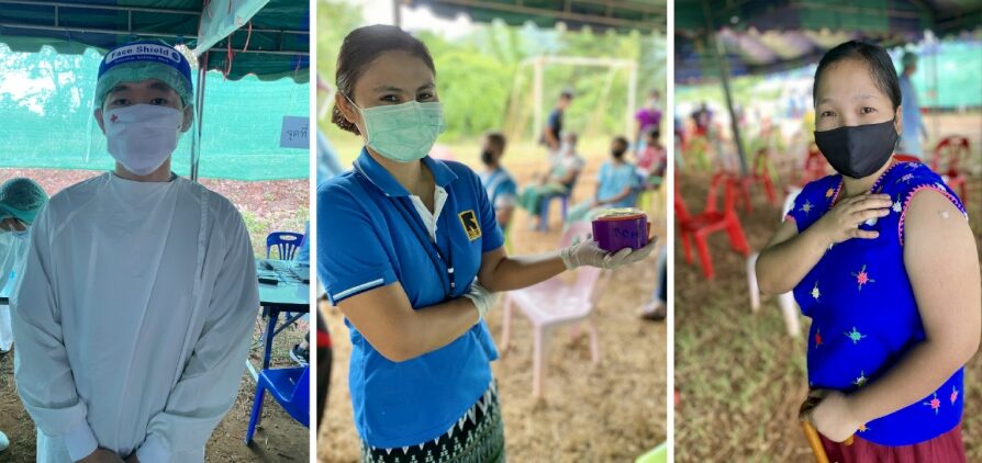 Saradit Sisawat, a doctor with the Thai Red Cross; Smile Lay, a refugee volunteer; and Hsar Blu, a newly vaccinated refugee, during the vaccination drive at Tham Hin camp in November 2021. © UNHCR/Morgane Roussel-Hemery