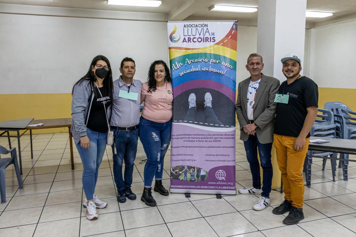 Yeraldine poses with her fellow LGBTQI+ activists at a workshop in Quito.